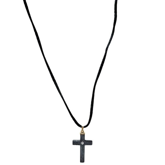 Black Cross Pendant Cord Necklace Rhinestone Accent Religious Spiritual Jewelry - Picture 1 of 5